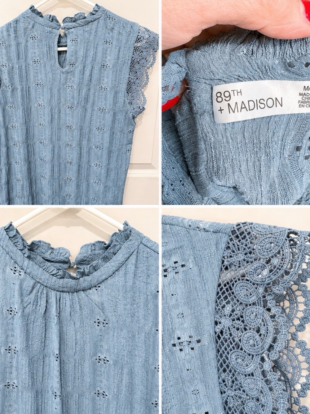 89th + Madison Women’s Blouse Size M Blue Textured Lace Sleeve Ruffle Top EUC